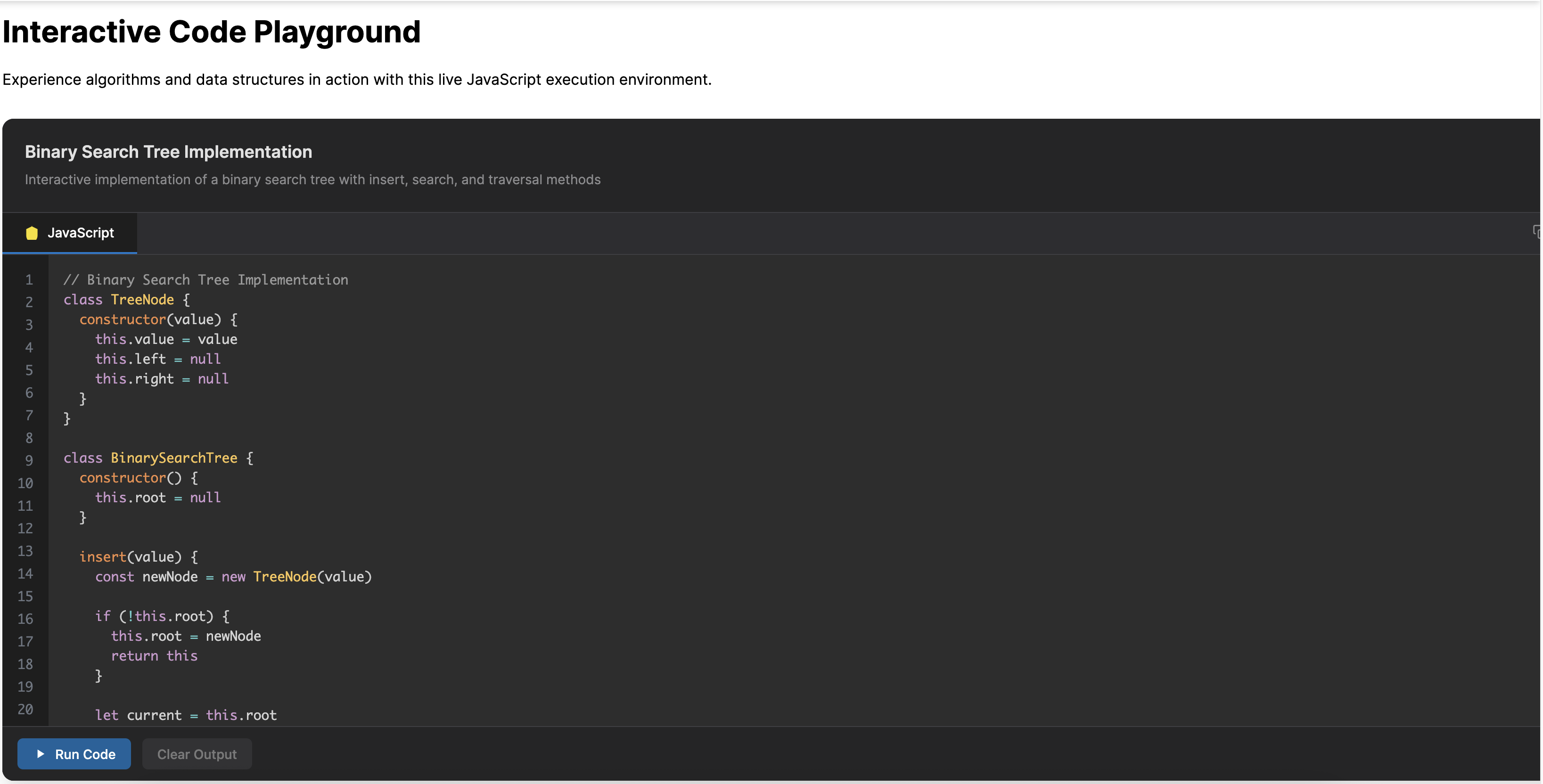 Code playground interface